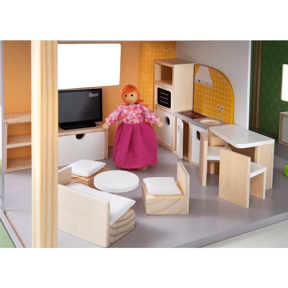 howa Puppenhaus aus Holz "Nelly" inkl. 23 tlg. Möbelset, 4 Puppen und Hund  7015