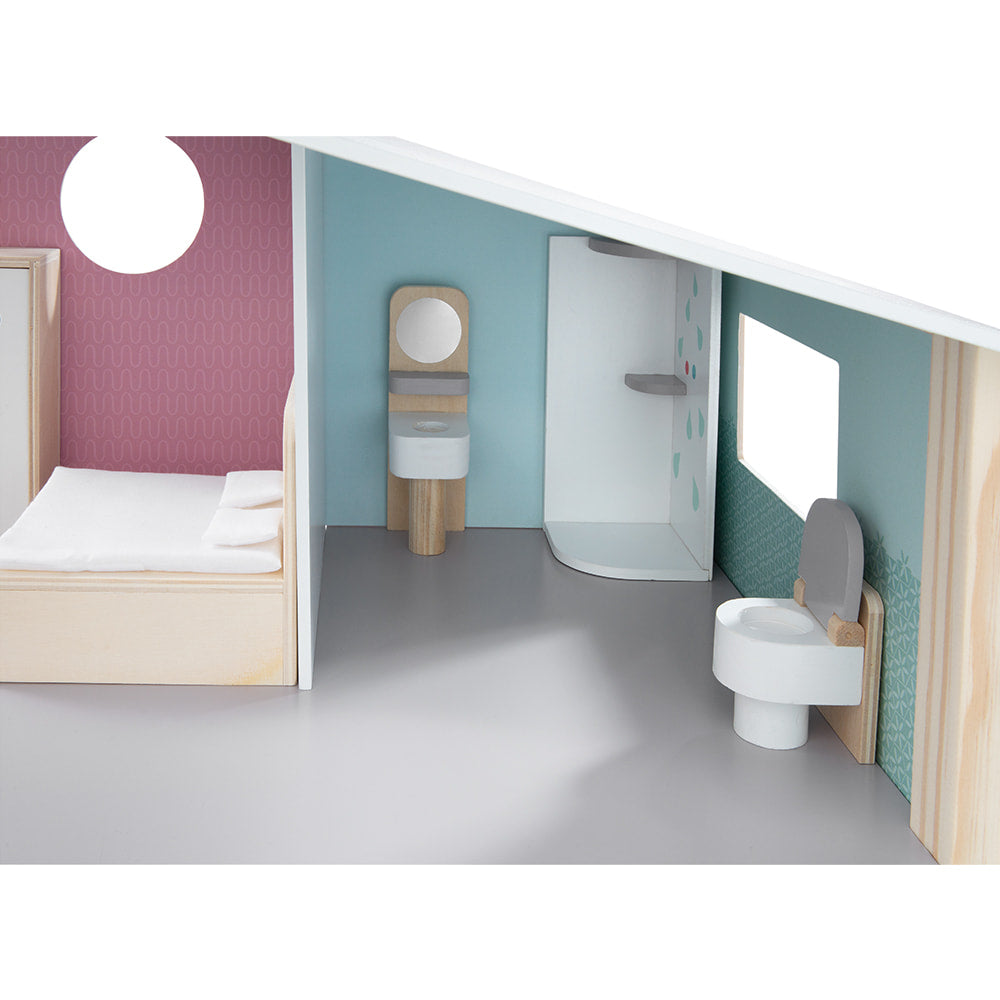 howa Puppenhaus aus Holz "Nelly" inkl. 23 tlg. Möbelset, 4 Puppen und Hund  7015