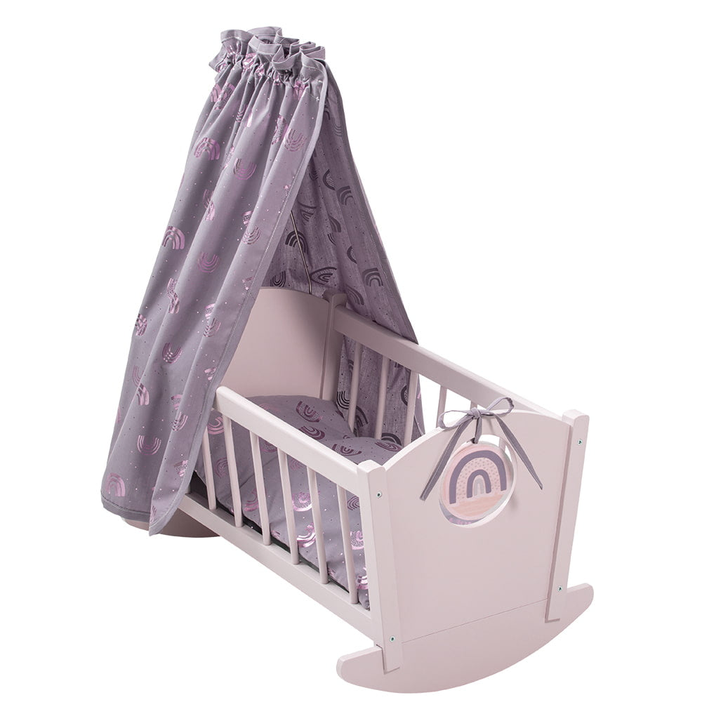 howa Puppenwiege aus Holz "Rainbow" rosa inkl. 2 Kissen und Betthimmel, malve Glanzeffekt 23002
