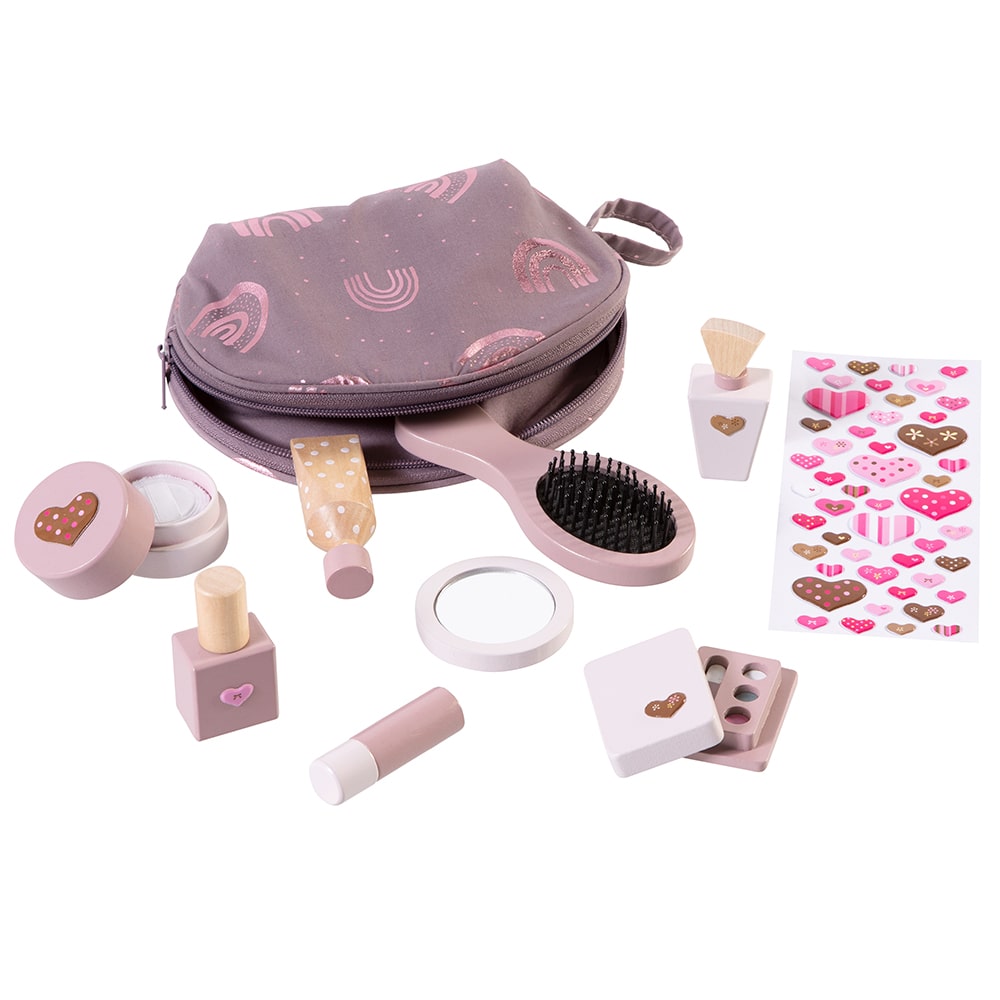 howa Schminkset + Kosmetiktasche für Kinder inkl. 8 tlg. Holzzubehör und Herzaufklebern 48812