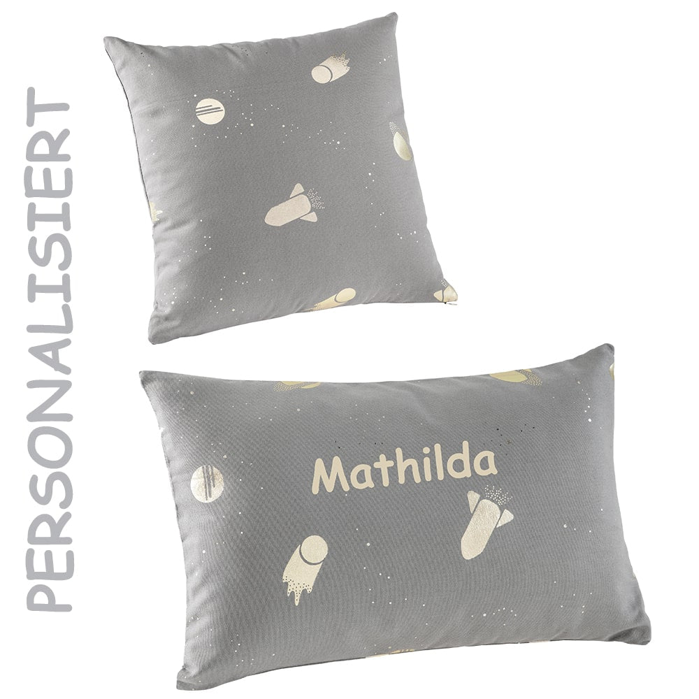 howa 2er Set Kissenbezug "Space“ 40x40cm + 50x30cm grau, Glanzeffekt - personalisiert 87029