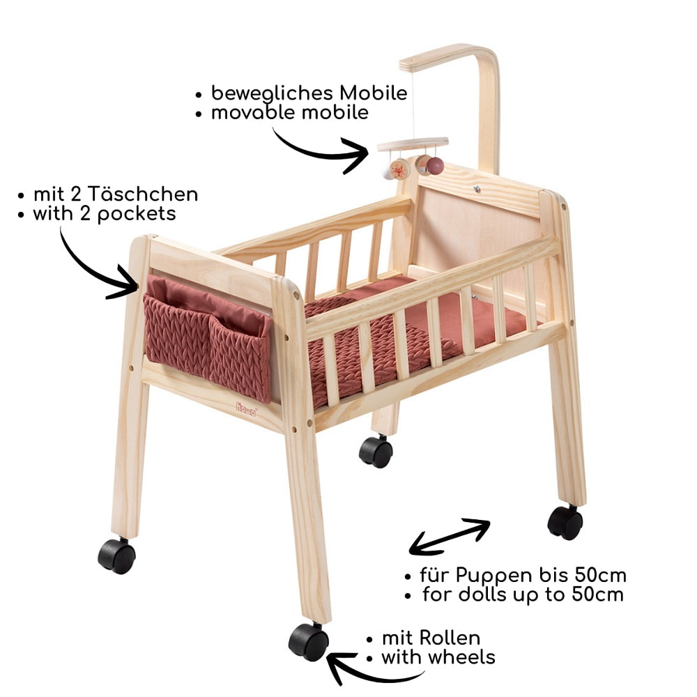 howa Puppenbett Holz "grace" mit Rollen, Mobile, Matratze, Decke & Stofftasche 2170