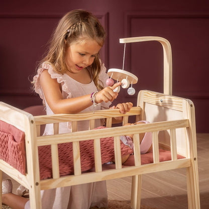 howa Puppenbett Holz "grace" mit Rollen, Mobile, Matratze, Decke & Stofftasche 2170
