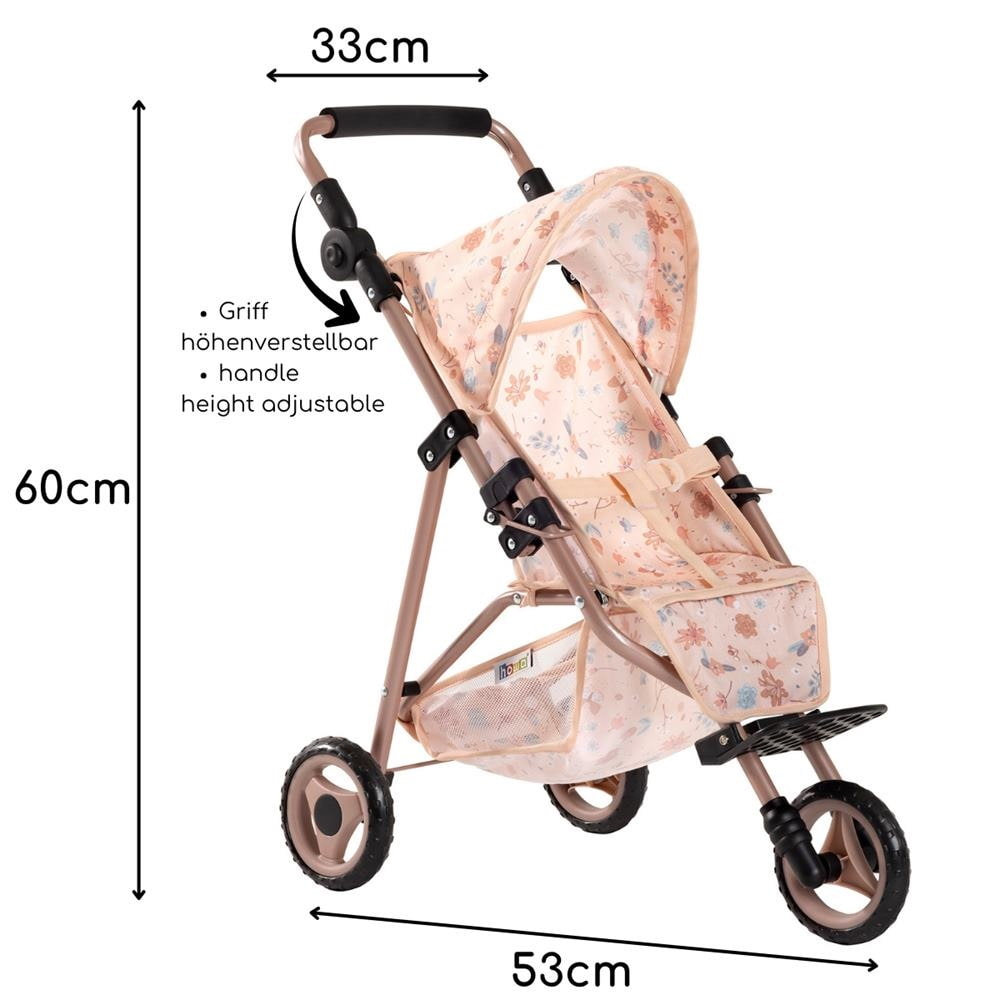 howa Puppenbuggy „miniflowers“ – Puppenwagen, Jogger für Puppen bis 50cm mit höhenverstellbaren Schiebegriff 2260