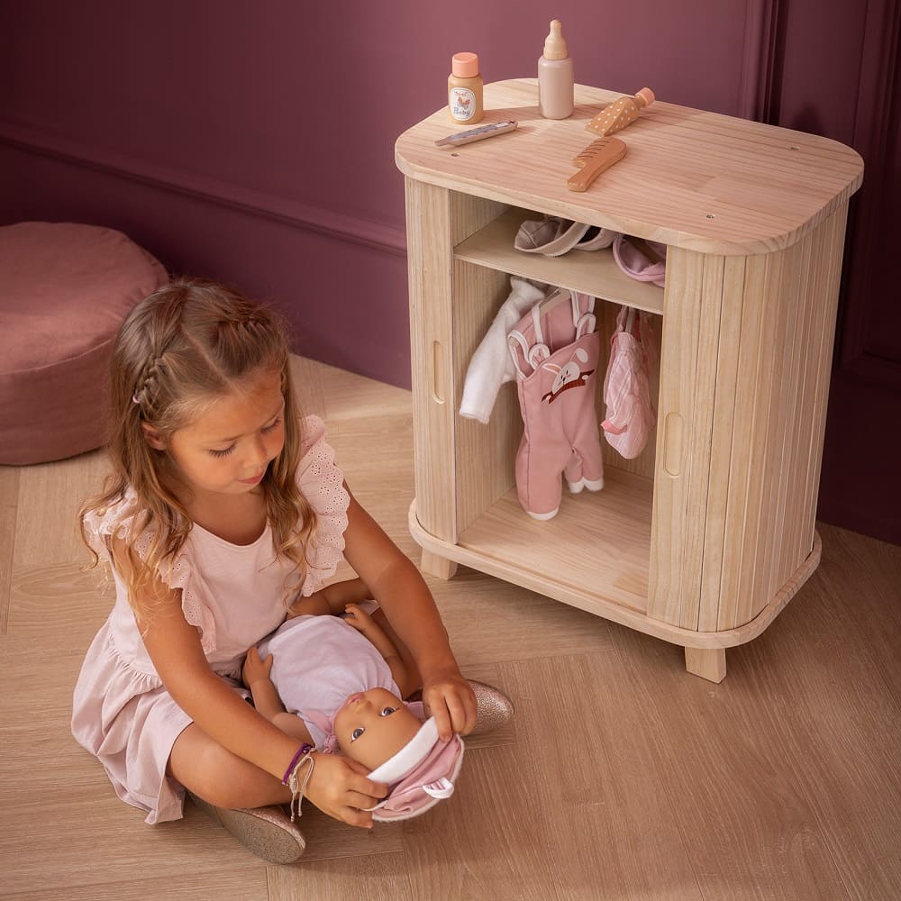 howa Puppenschrank aus Holz "grace" - Kleiderschrank für Puppen mit Schiebetür, Kleiderstange, Regal und 3 Kleiderbügeln 2670