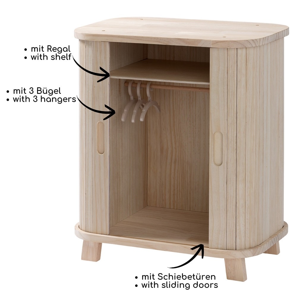 howa Puppenschrank aus Holz "grace" - Kleiderschrank für Puppen mit Schiebetür, Kleiderstange, Regal und 3 Kleiderbügeln 2670