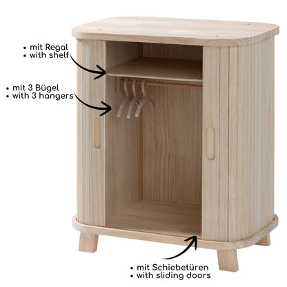 howa Puppenschrank aus Holz "grace" - Kleiderschrank für Puppen mit Schiebetür, Kleiderstange, Regal und 3 Kleiderbügeln 2670
