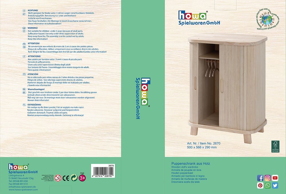 howa Puppenschrank aus Holz "grace" - Kleiderschrank für Puppen mit Schiebetür, Kleiderstange, Regal und 3 Kleiderbügeln 2670