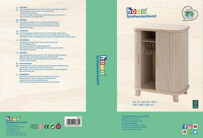 howa Puppenschrank aus Holz "grace" - Kleiderschrank für Puppen mit Schiebetür, Kleiderstange, Regal und 3 Kleiderbügeln 2670