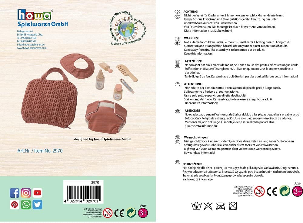 howa Puppenwickeltasche "grace" mit Zubehör - Wickelset für Puppen mit Fläschchen, Windel, Latz, Kamm & Pflegezubehör 2970
