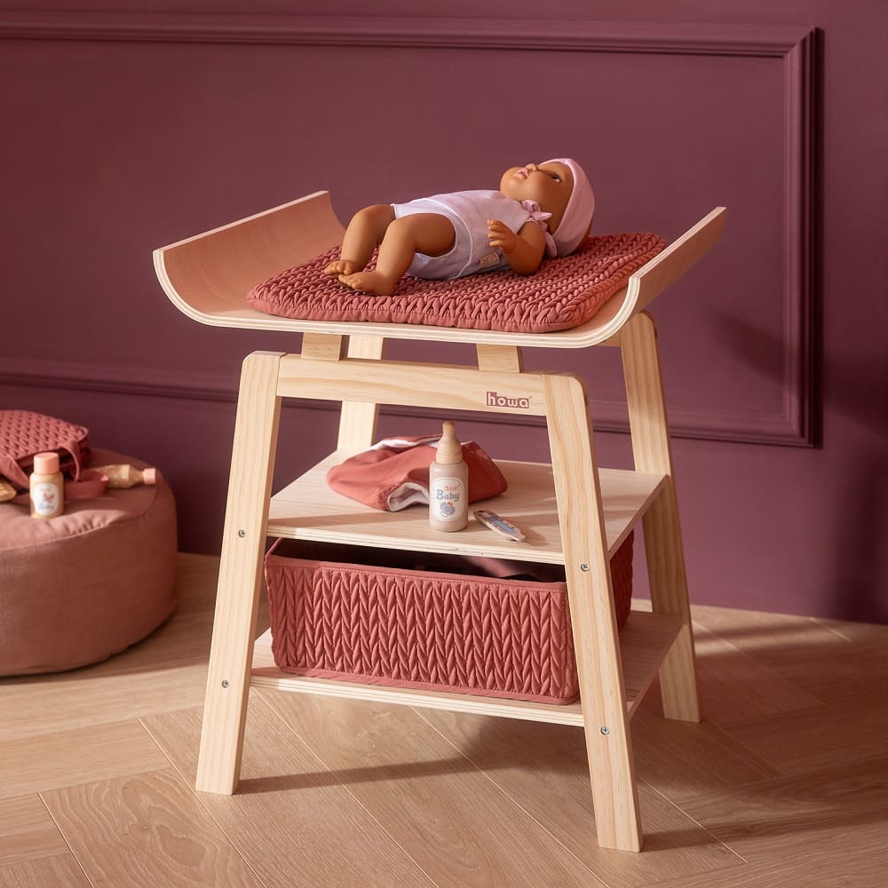 howa Puppenwickeltisch aus Holz „grace“ mit Zubehör – Wickeltisch für Puppen mit Ablage, Aufbewahrungskorb & gesteppter Wickelauflage 2770