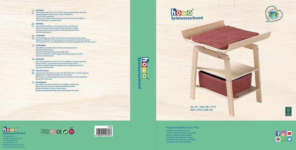 howa Puppenwickeltisch aus Holz „grace“ mit Zubehör – Wickeltisch für Puppen mit Ablage, Aufbewahrungskorb & gesteppter Wickelauflage 2770
