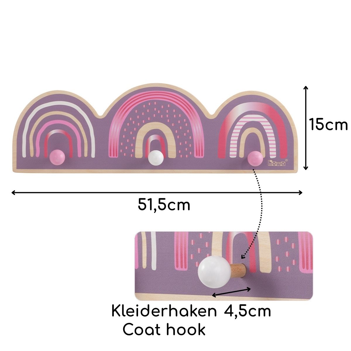 howa Garderobe aus Holz für Kinder "Rainbow" malve, bunt 8802